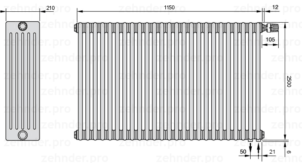 Схема (чертеж) Радиатор Zehnder Charleston 6250/25 №V002 Белый глянцевый RAL 9016